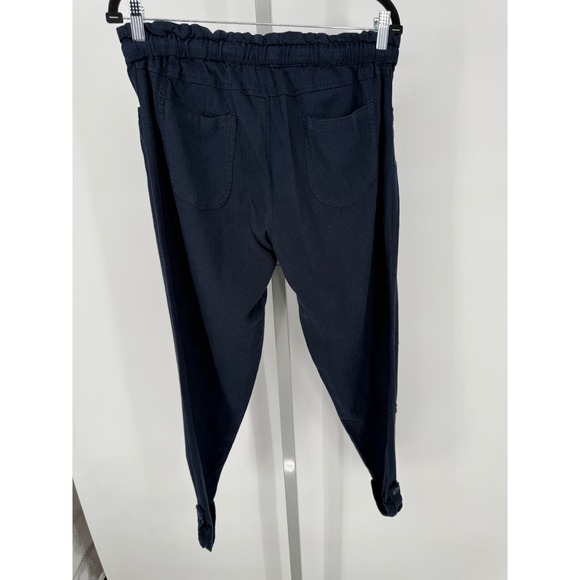 Alya Linen Blend Paper Bag Waist Pants Navy Blue Women's Medium Casual - Picture 5 of 7